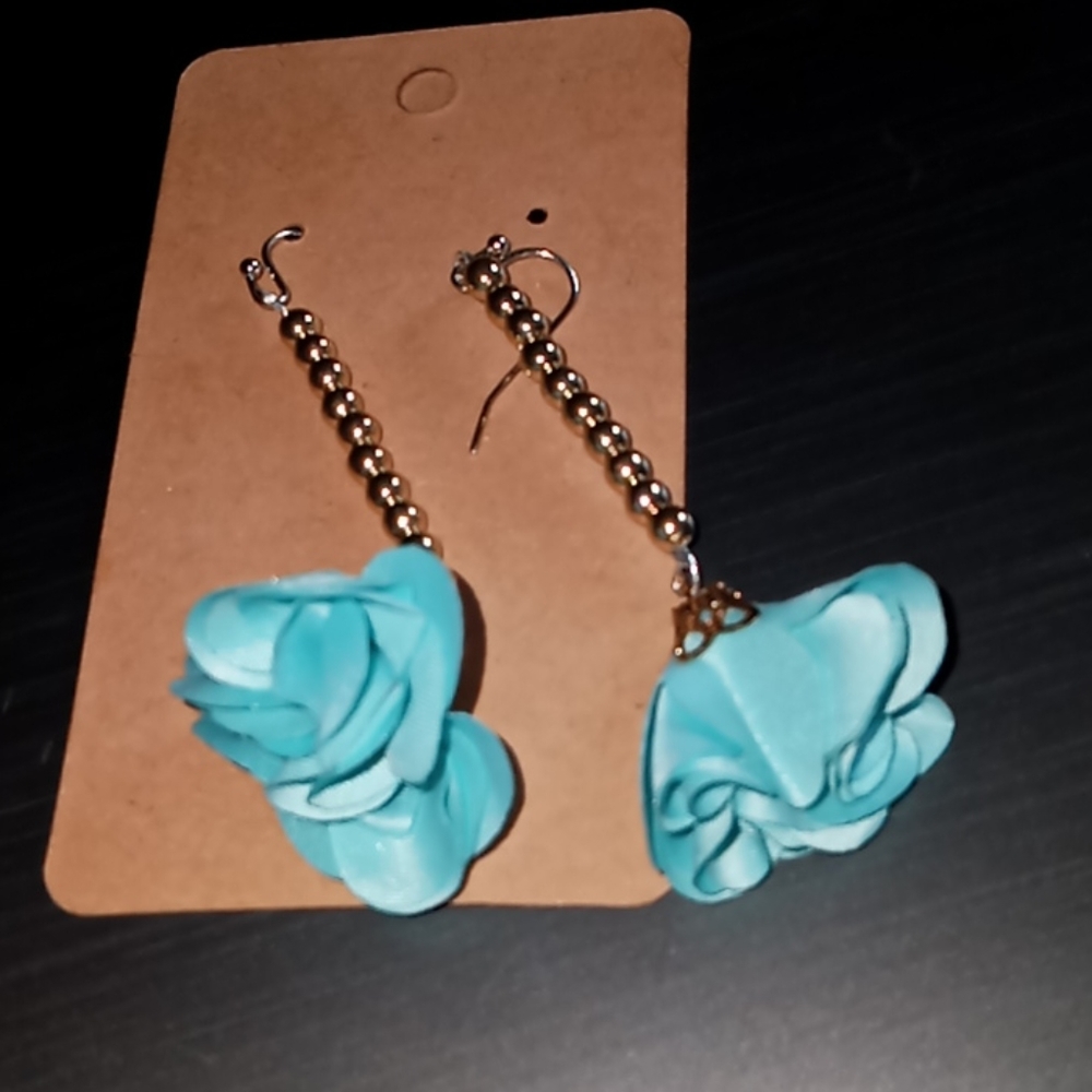 Gold plated and aqua flower statement earrings dangling drop earrings handmade